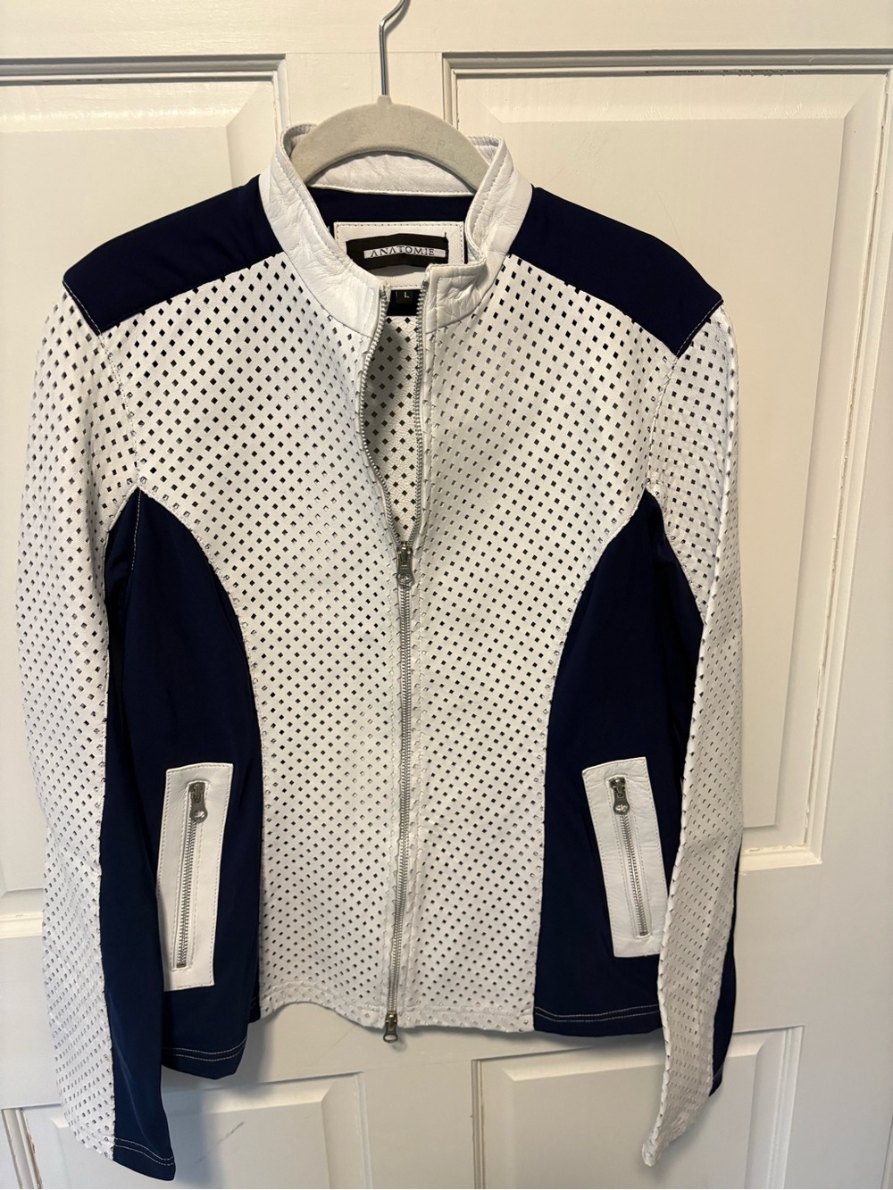 Anatomie style perforated white navy leather panel bomber jacket coat l large